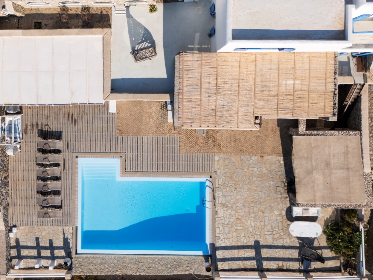 Aerial overhead view of pool and terraces